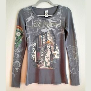 Ed Hardy Christian Audigier Tee Kneeling Geisha Sexy Bikini Japanese Tattoo Art